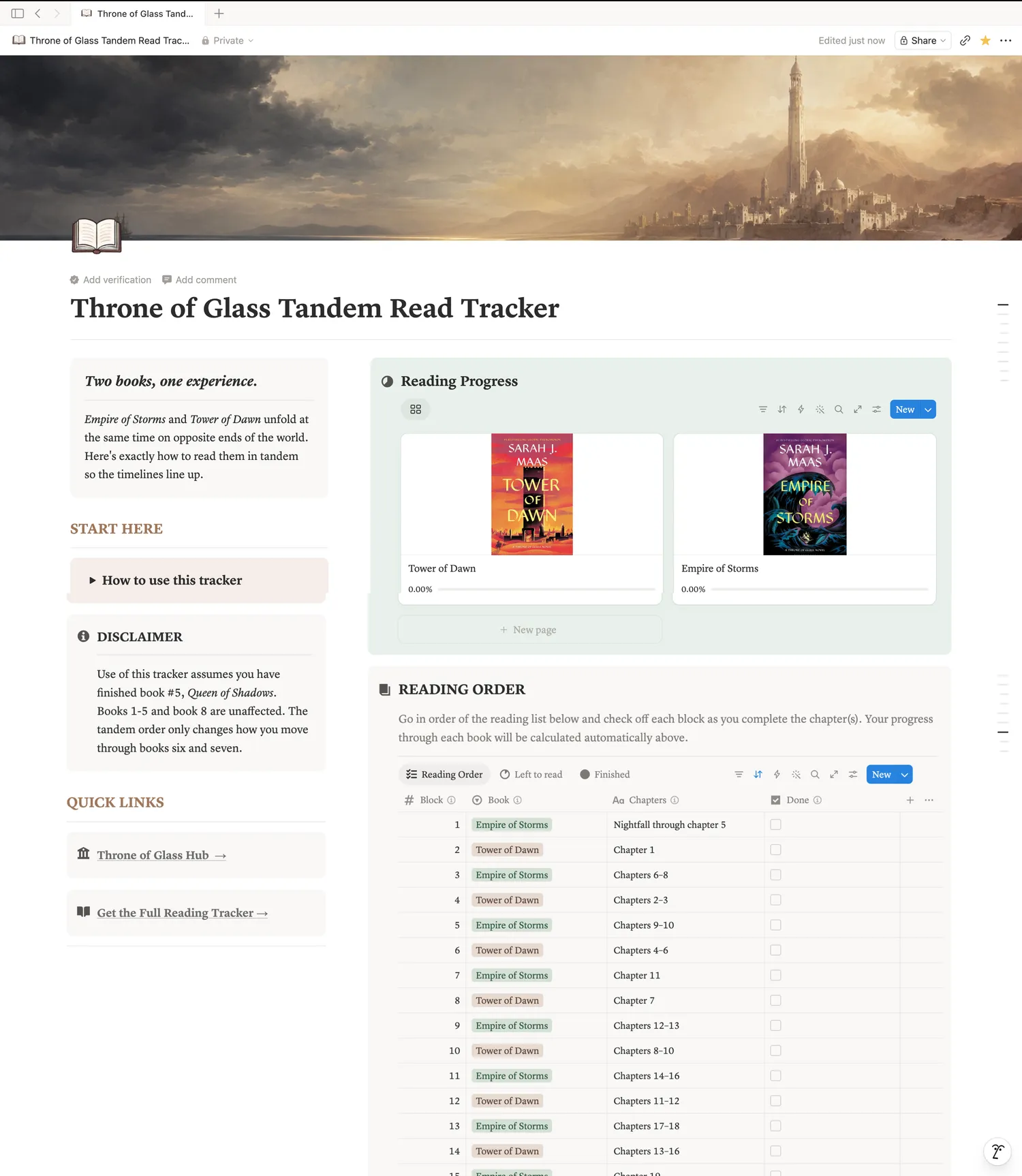 The Throne of Glass Tandem Read Tracker in Notion